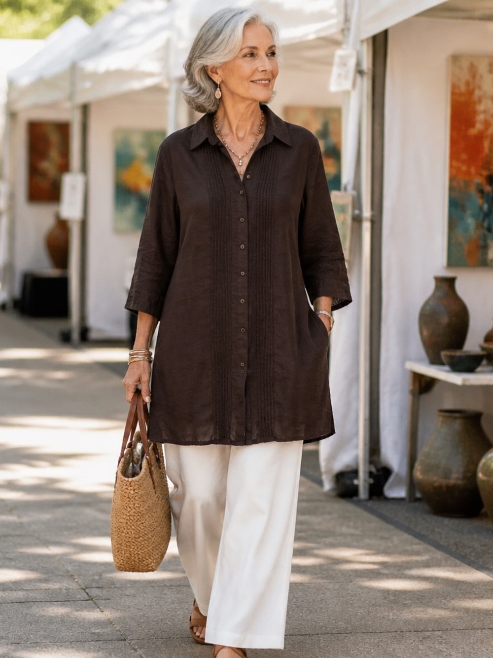 Coldwater Creek Brown Button-Front Pleated Pintuck Woven Tunic Blouse Top L